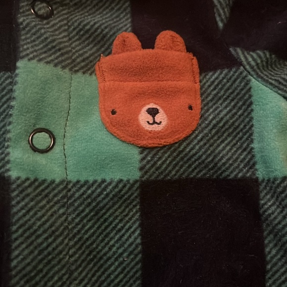 Green and black footies with little animal pocket, button up,newborn, worn once - Picture 2 of 3